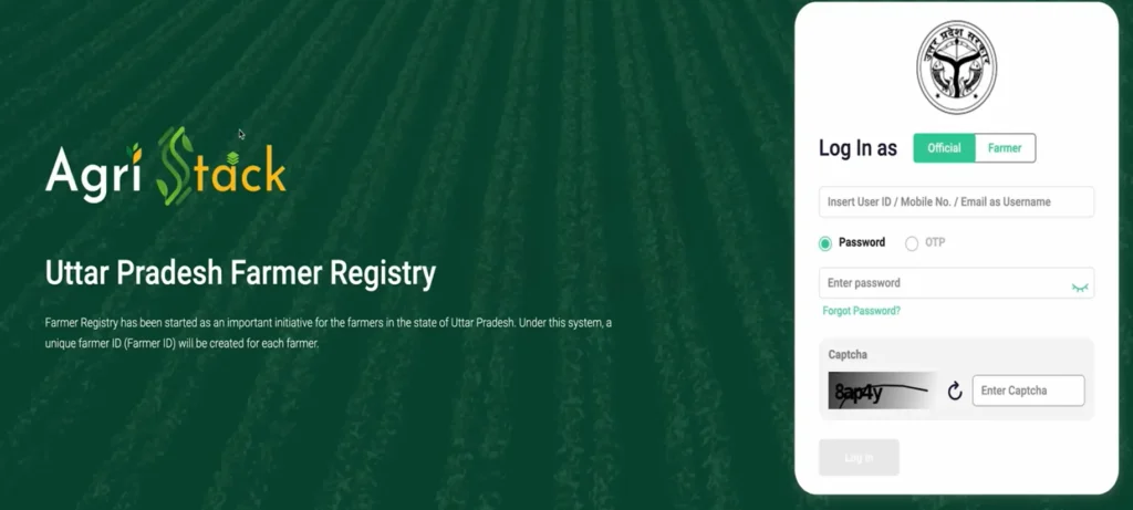 UP Farmer Registry AgriStack login screen defaulting to Official login type