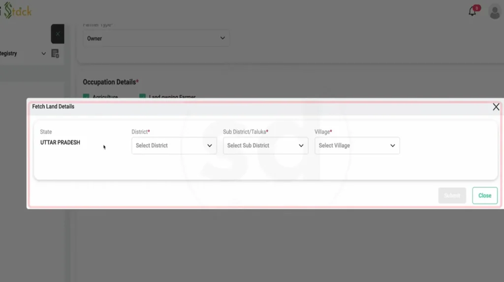 Fetch land details dialog with district sub-district and village dropdowns on AgriStack UP