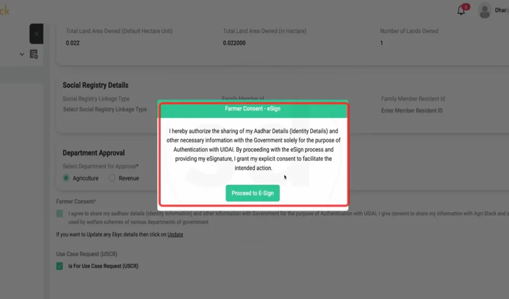 Farmer consent e-Sign popup with Proceed to E-Sign button on AgriStack UP Farmer Registry