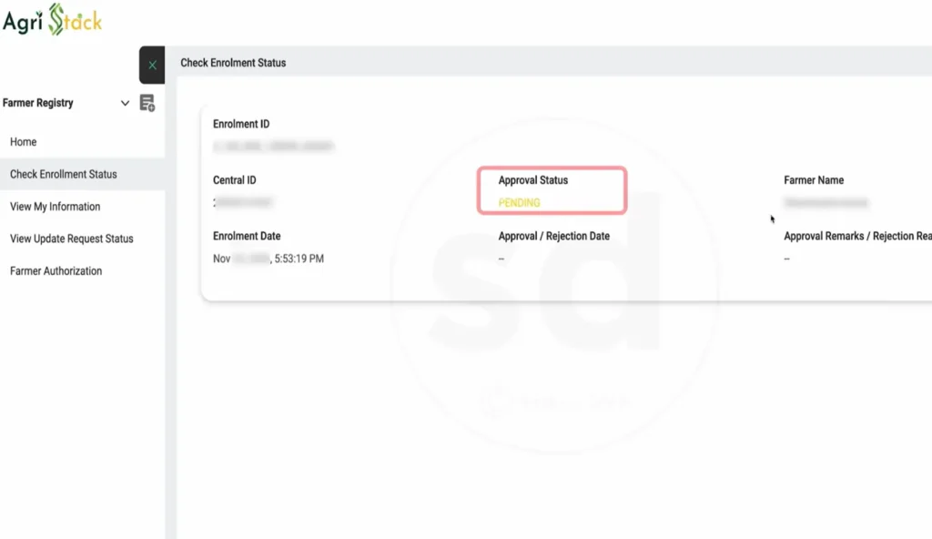 AgriStack Check Enrolment Status screen showing Enrolment ID, Central ID and Approval Status PENDING on UP Farmer Registry
