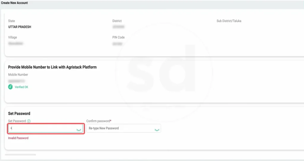 Set password screen showing mobile verified and invalid password message during AgriStack account creation