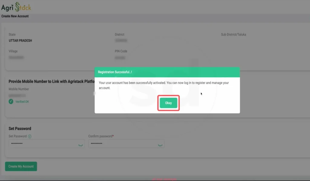 Registration successful confirmation popup on AgriStack UP Farmer Registry account creation